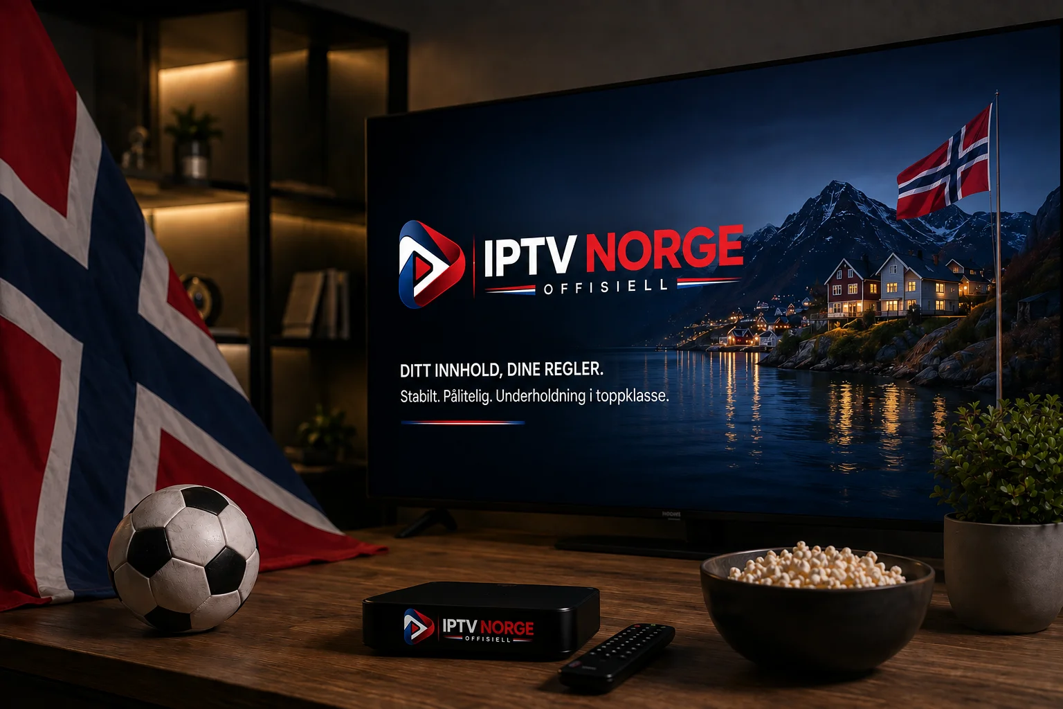 IPTV Norge Offisiell på TV med norsk fjordlandskap og fotball i stuen